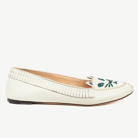 Charlotte Olympia Kitty White Leather Beaded Fringe Flats - Picture 2 of 10